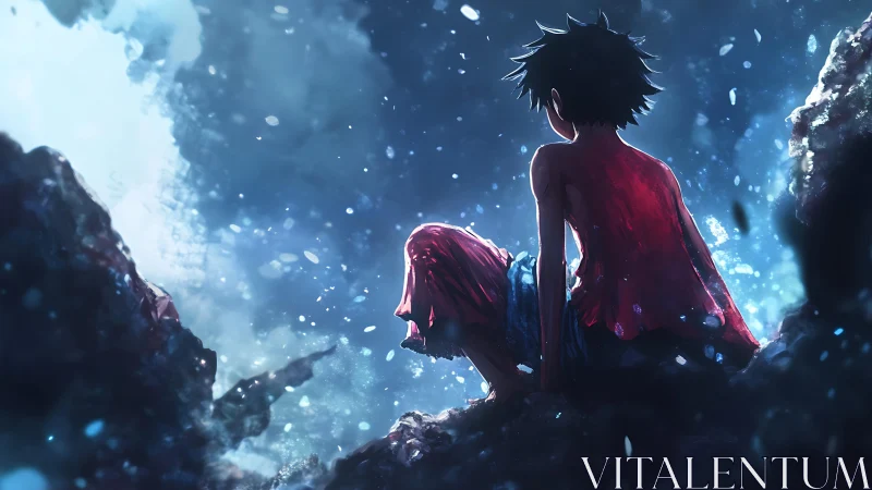 Lonely anime boy rests amid glowing blue night debris