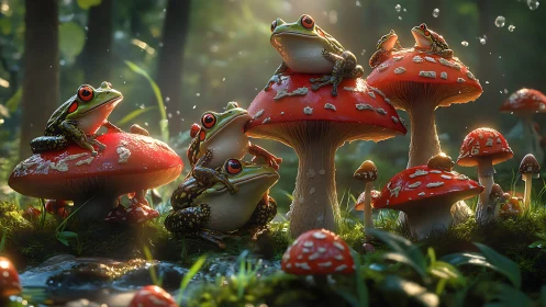 High-detail 3D tree frogs perched on sunlit fly agaric mushrooms