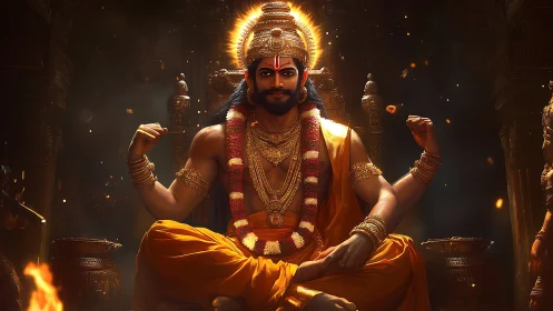 Divine four-armed deity rendered with volumetric lighting and fire bloom