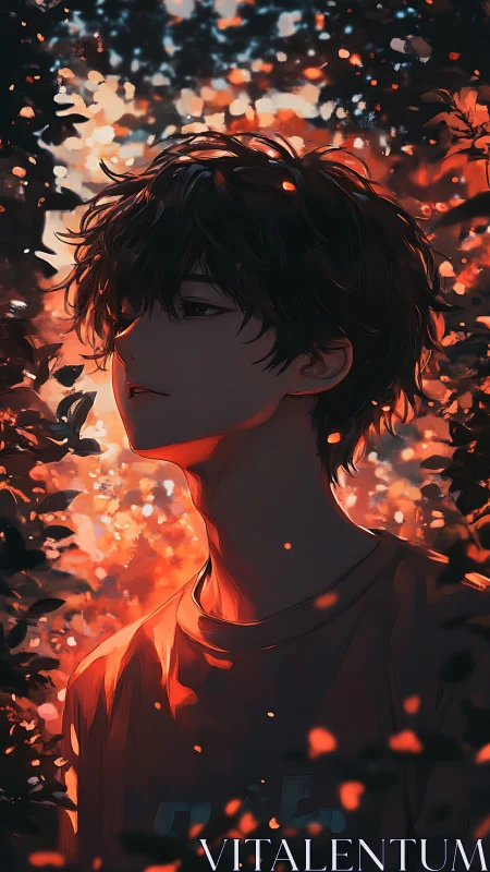 Backlit anime youth rendered with high-contrast bokeh lighting effects