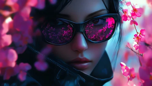 Female figure with sunglasses among bright pink blossoms.