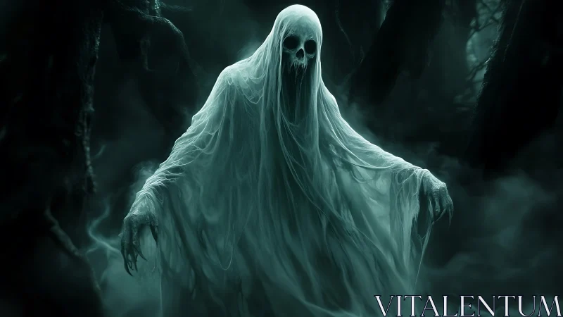 Ghostly forest spirit drifts through mist with eerie calm