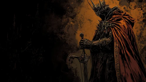 Dark crowned warlord with ornate sword and ember cloak.