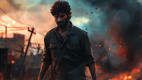 Battle-worn hero strides through blazing war-torn ruins.