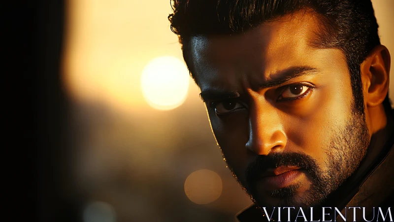 Intense bearded man in dramatic sunset side lighting portrait.