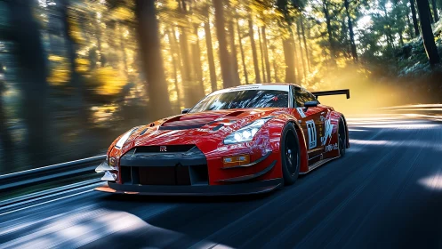 High-downforce GT race car cornering through volumetric forest light