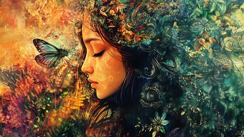 Surreal floral portrait merges woman, butterfly, and forest.