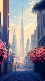 Bougainvillea-lined street quietly crowns a sunrise skyline