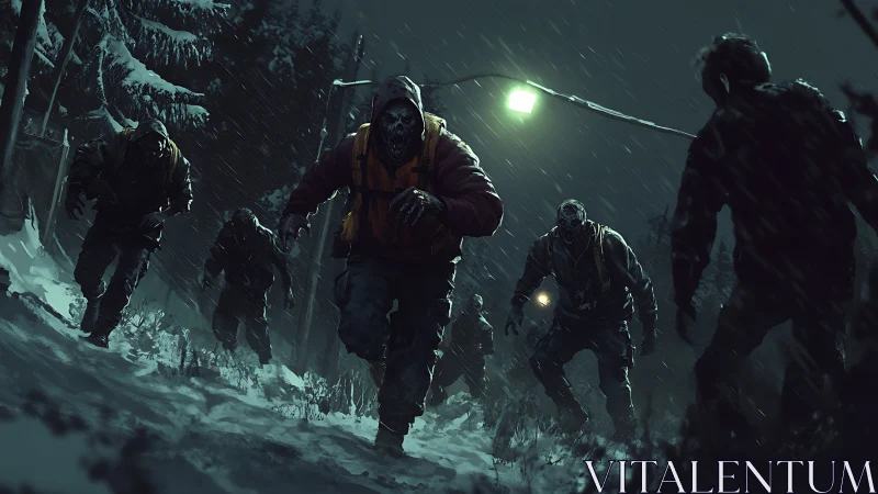 Snowy night chase with eerie figures in falling winter rain.