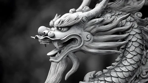 Monochrome close-up of carved dragon head sculpture profile.