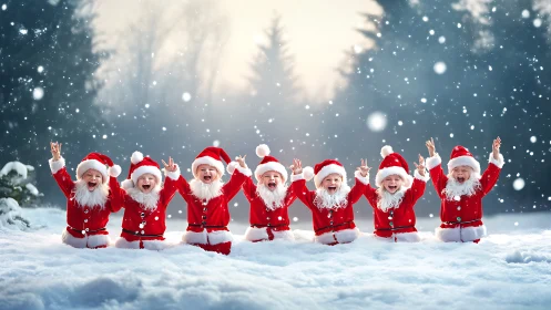 Snowbound mini Santas cheering under a sparkling sky.