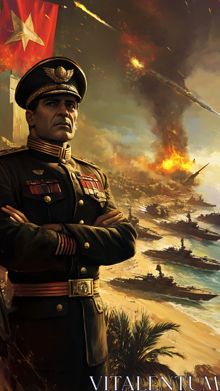 Military commander oversees burning coastal naval assault.