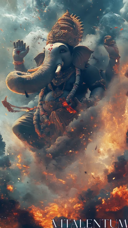 Divine elephant-headed deity floating in fiery storm clouds.