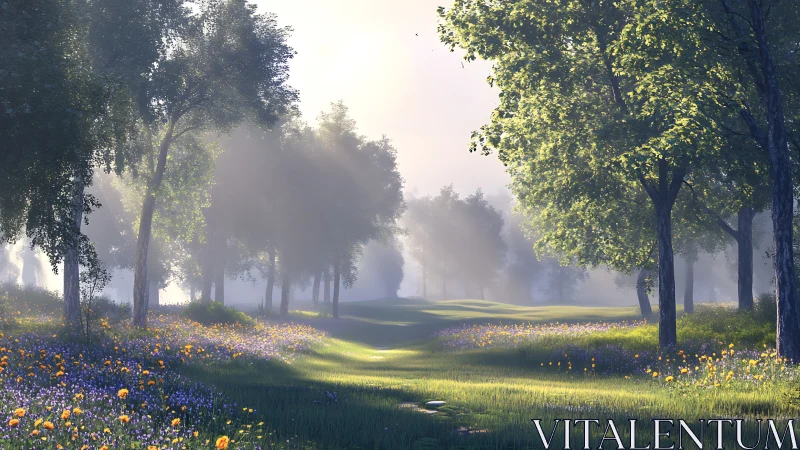 Tree-Lined Avenue Through Blooming Meadow at Dawn.