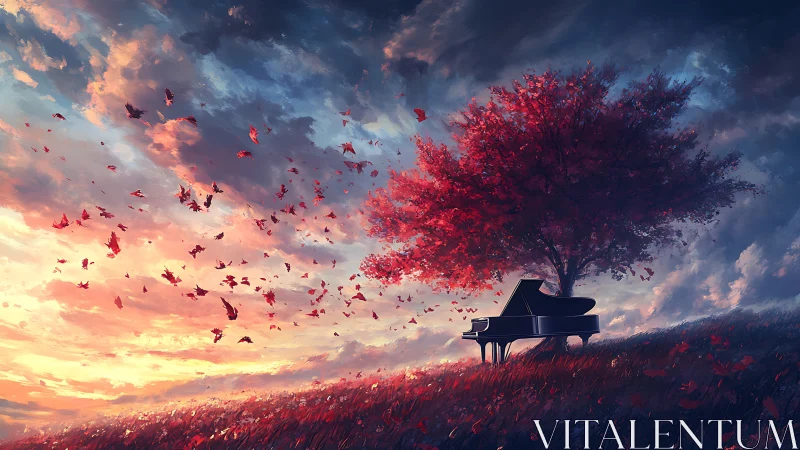 Lonely grand piano sings beneath a crimson autumn tree at dusk