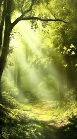 Sunlit forest path with tall trees and atmospheric haze