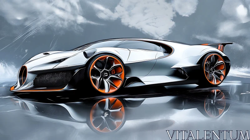 Futuristic hypercar concept on reflective wet surface.