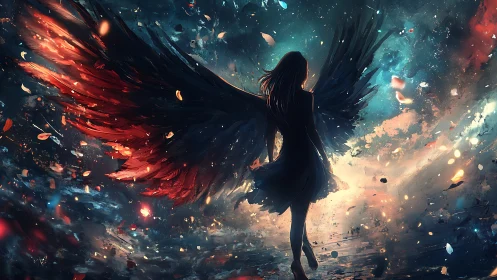 Silhouetted winged figure stands amid abstract cosmic debris