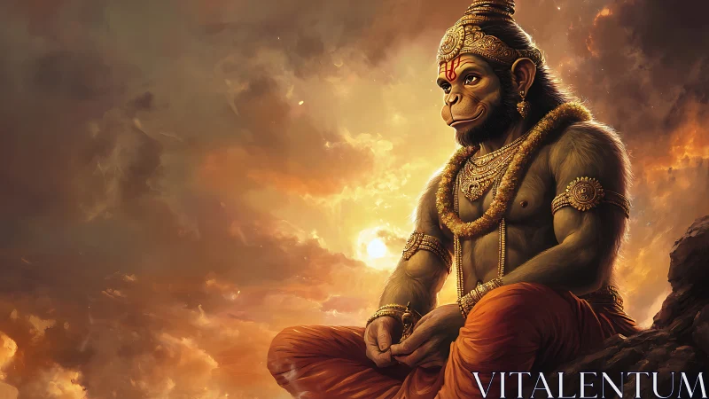 Sunlit simian deity in meditative mountain stillness.