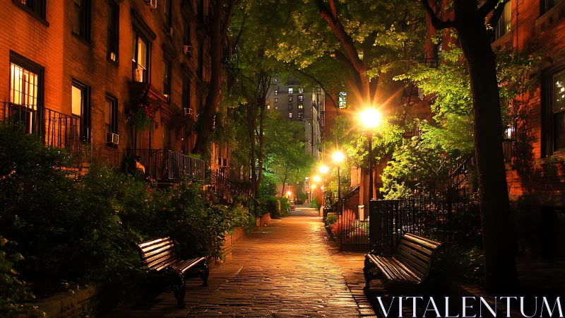 Brick apartment walkway illuminated by warm streetlights at night