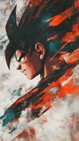 Anime warrior profile amid abstract red storm clouds.