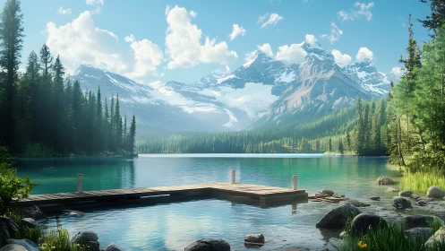 Mountain lake with wooden dock under clear blue sky.