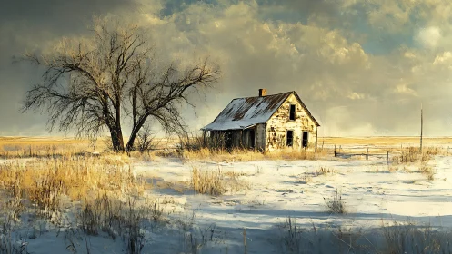 Abandoned farmhouse stands in snowy field beside bare tree