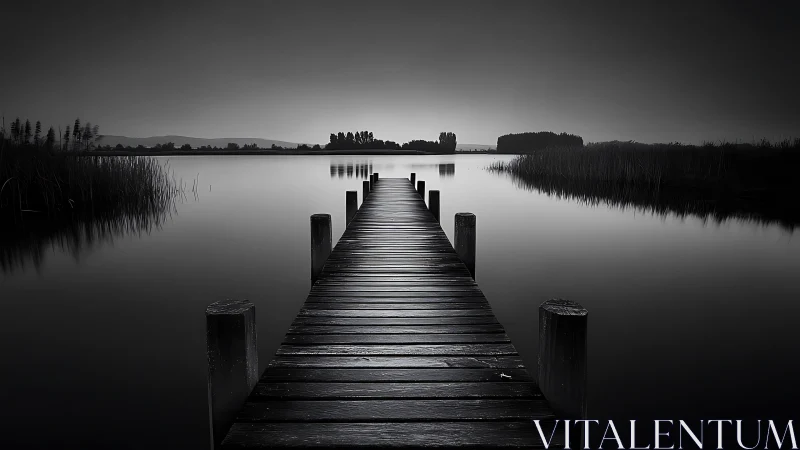 Wooden pier extending into still lake at dusk in monochrome.