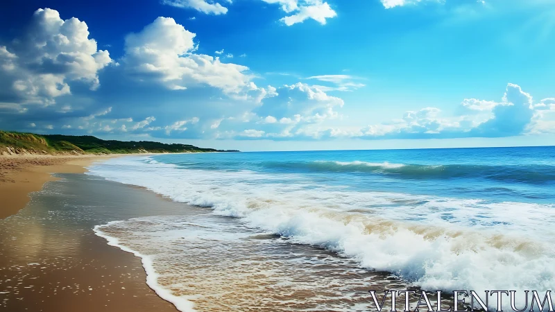 Sunny shoreline with rolling surf under bright blue sky.