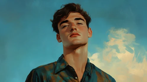 Male portrait against blue sky in digital painting style.