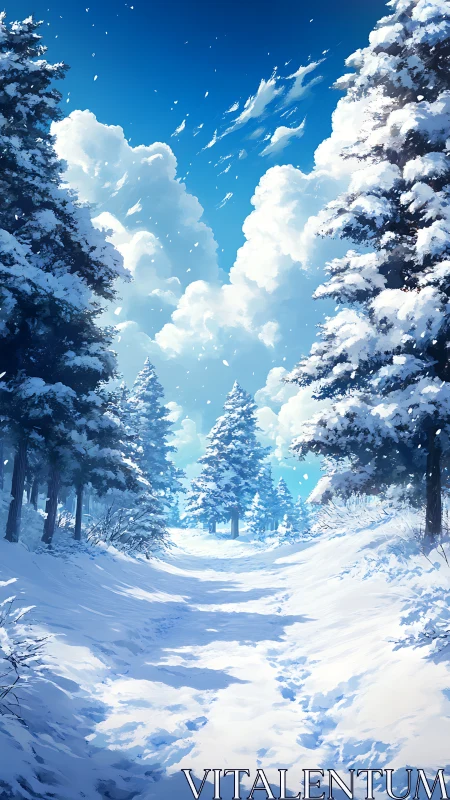 Snow-covered forest path under bright winter sky.