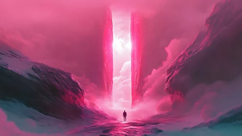 Solitary figure before colossal glowing pink rift gateway.