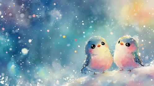 Cute watercolor birds in winter snow, dreamy pastel illustration.
