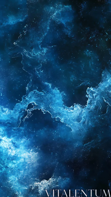 Deep blue cosmic nebula with swirling luminous clouds.