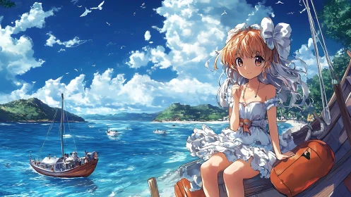Coastal anime portrait with sailboat, cumulus sky, and luggage.
