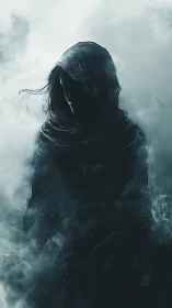 Hooded spectral figure emerging through desaturated storm fog.