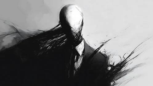 Faceless humanoid figure in suit with abstract dark forms.