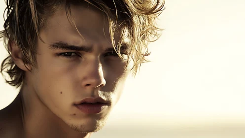 Young man close-up portrait under warm directional light