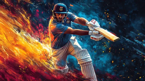Cricket batter charging through swirling fire and sky.