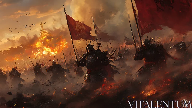 Storm of samurai steel beneath a burning scarlet sky.
