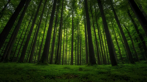 Dense Forest Canopy. Vertical Trunks Frame Green Light.