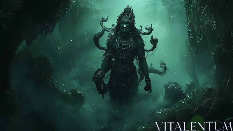 Serpentine forest deity emerging through emerald jungle mist.