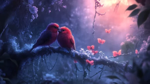 Two red birds perched on frosted branch amid glowing butterflies