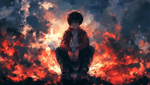 Solitary boy amid fiery bokeh clouds with dramatic backlight