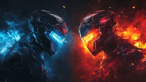 Fire and ice androids meet in a glowing cosmic standoff.