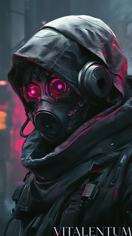 Hooded cyberpunk operative with neon respirator mask