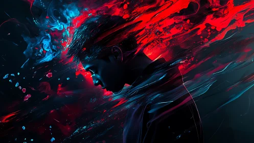 Cyberpunk profile portrait with kinetic neon paint streams.