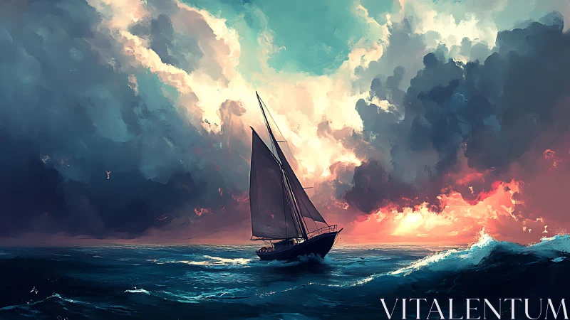Stormlit sloop under volumetric clouds at turbulent dusk.