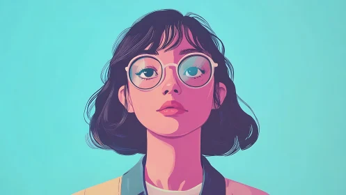 Stylized portrait of young woman in glasses on teal background.