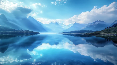 Sky-drenched alpine lake mirroring mountains in blue hush.